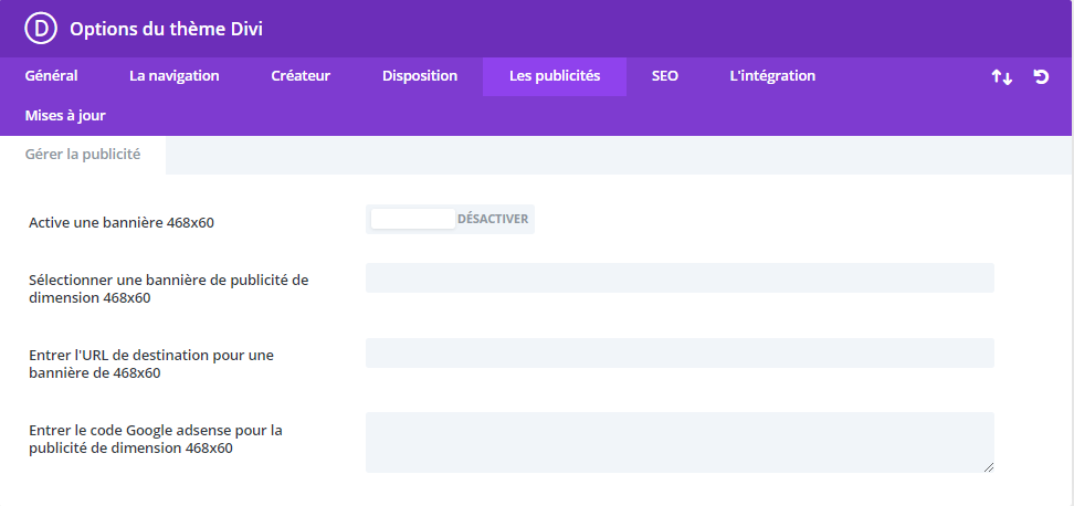 Divi : onglet publicités