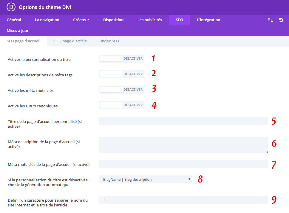 Divi : onglet SEO I