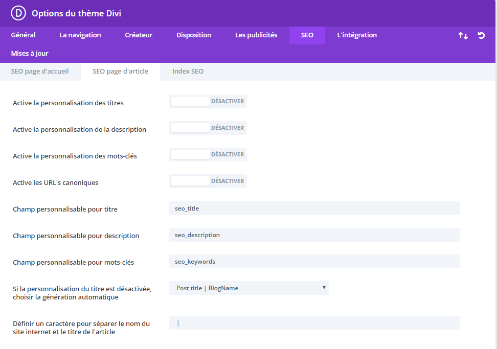 Divi : onglet SEO II