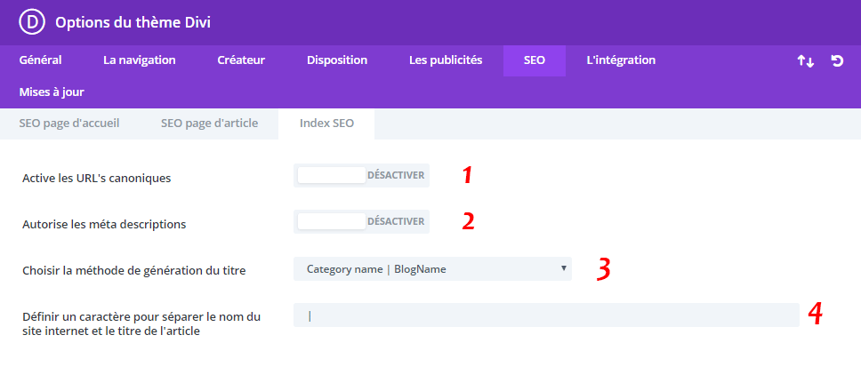 Divi : onglet SEO III